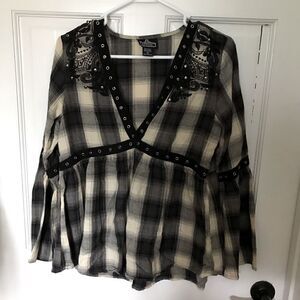 ANGIE Buffalo Checked Peasant Blouse Smock Tops